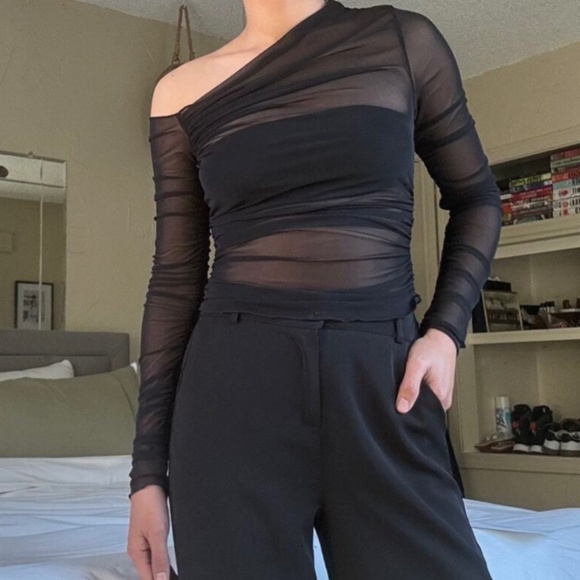 Black Mesh Ruched Asymmetrical Slim Fitted Shirt Tee Top Sheer - Picture 13 of 13